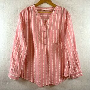 Yidarton Womens Cotton Flax Top Sz M Pink White Stripped‎ Preppy Beachy Coastal